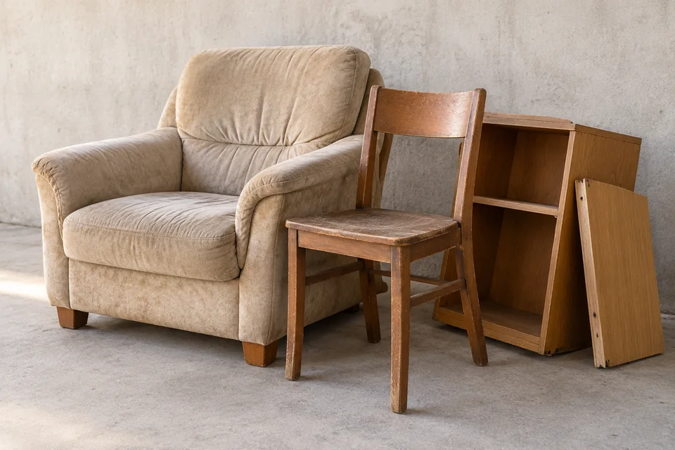 Beispielbild: ein gebrauchter Sessel, ein Holzstuhl und ein zerlegter Schrank